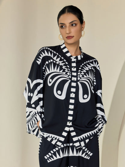 Blouse Black Satin Geometric Print Flare Cuff