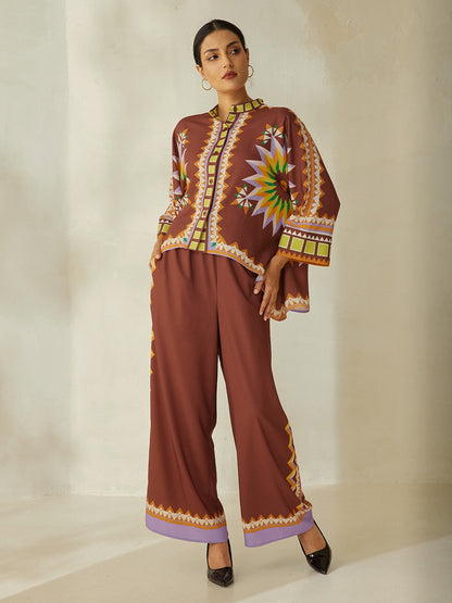 Shirt Brown Bohemian Geometric Graphic Satin Silk