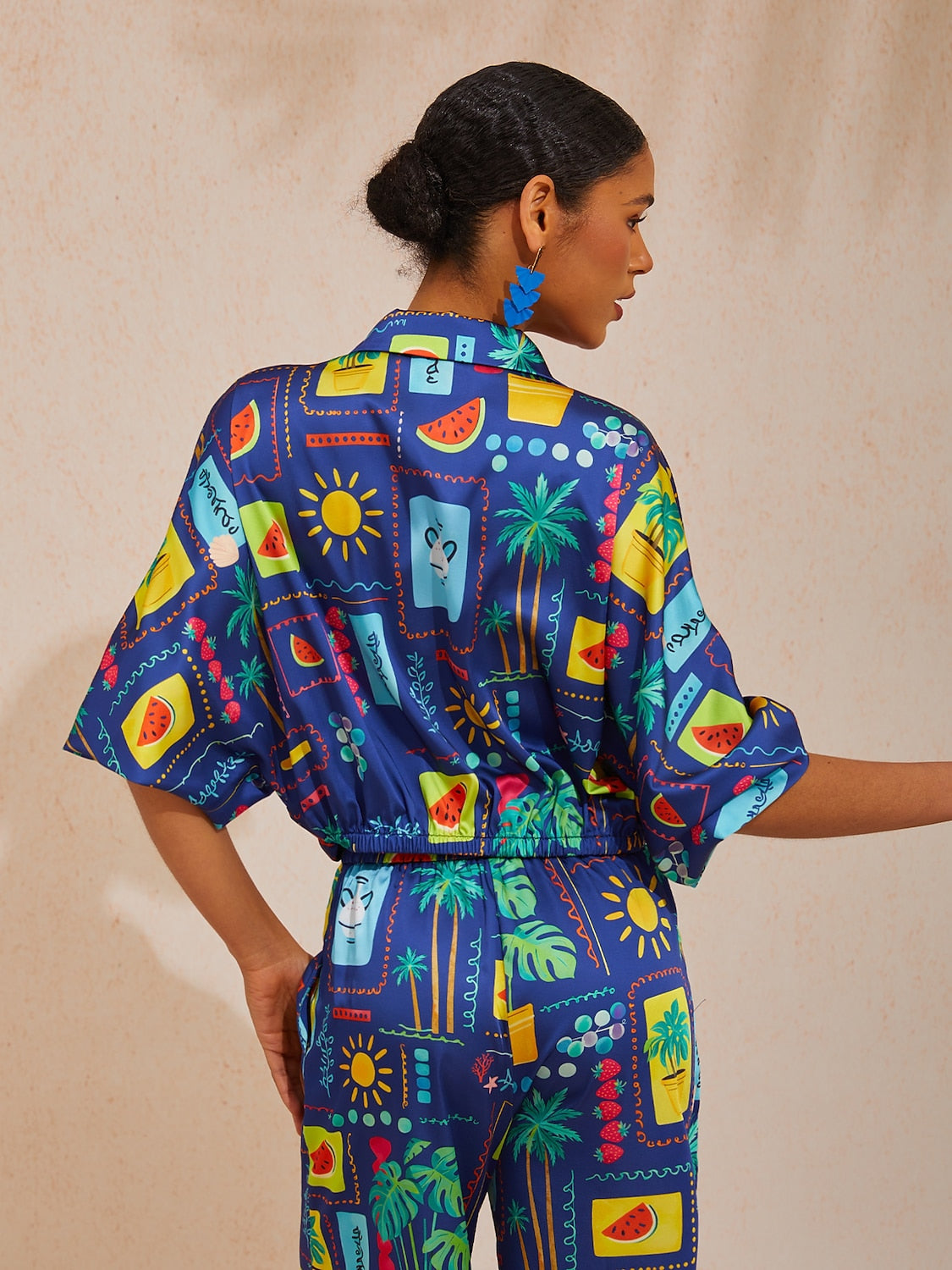 Vacation Geometric Tropical Print Dolman Sleeve Satin Short Shirt