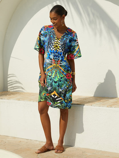 Vacation Feather Leopard Motif Straight Fit Satin Short Dress