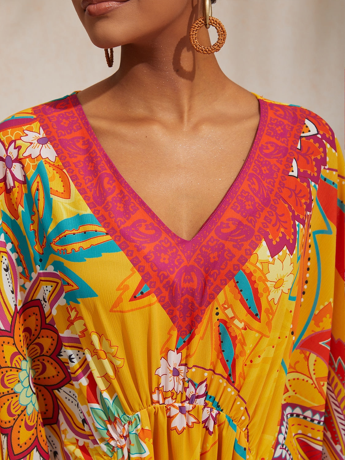 Vacation Yellow Paisley Floral Dolman Sleeves Chiffon Maxi Dress