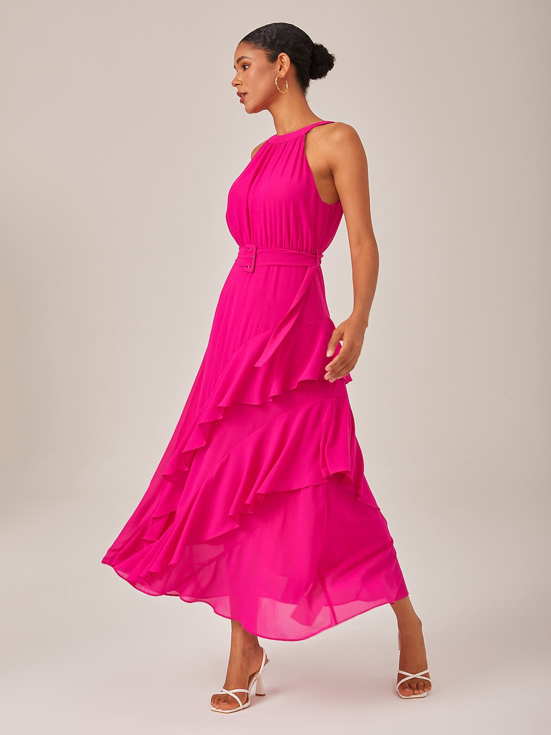 Dress Rose Red Solid Color Ruffle Mismatched