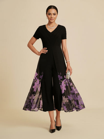 Paneled Design Faux Flowy Sheer Stretch Fabric Jumpsuit