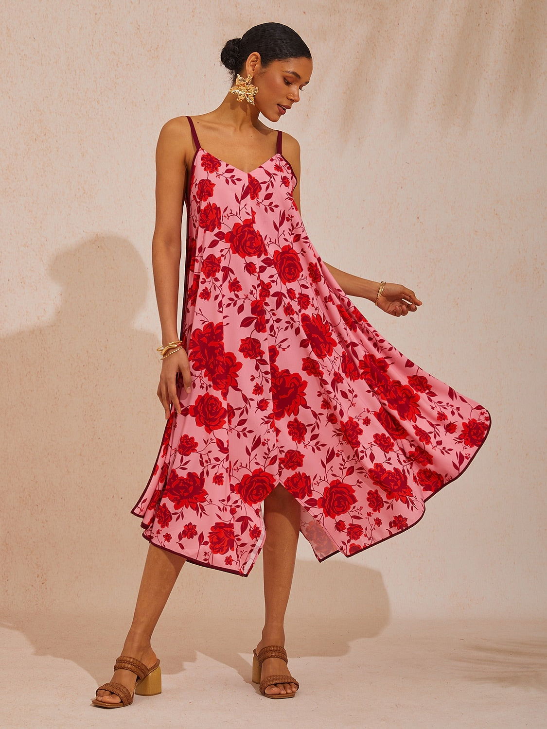 Vacation Pink Floral A-Line Cotton-Like Cami Dress