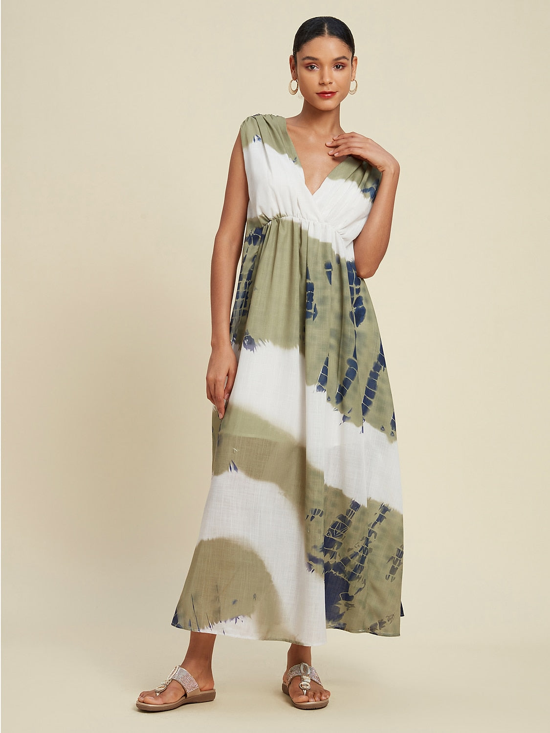 Linen-Like Tie-dye Print Vacation Style Sleeveless Maxi Dress
