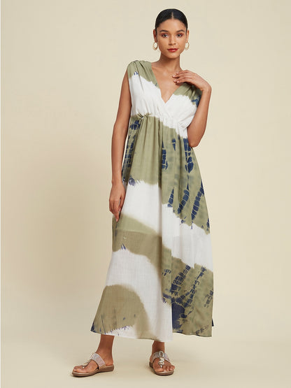 Linen-Like Tie-dye Print Vacation Style Sleeveless Maxi Dress