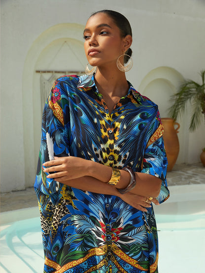 Vacation Feather Leopard Print Dolman Sleeve Fit Chiffon Shirt Dress