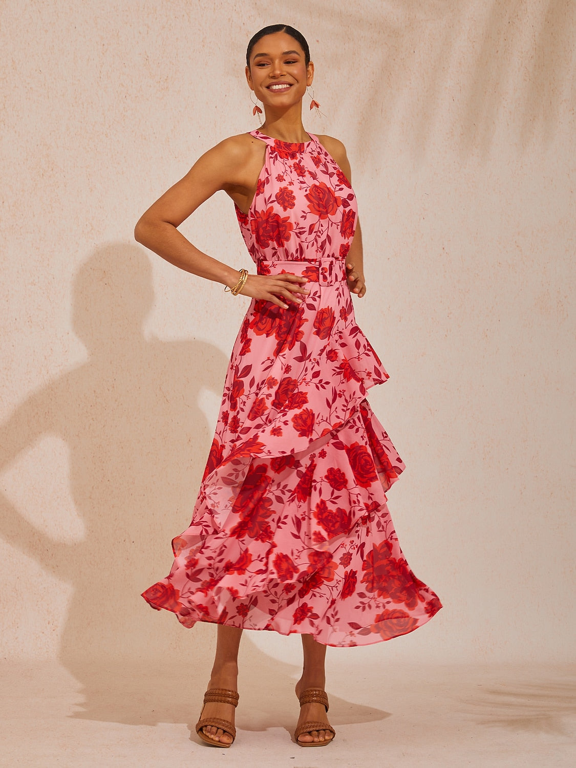 Vacation Pink Floral Waist-Cinching Sleeveless Chiffon Maxi Dress