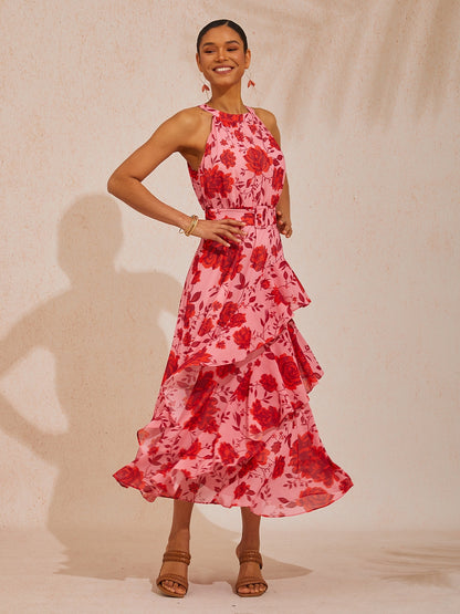 Vacation Pink Floral Waist-Cinching Sleeveless Chiffon Maxi Dress