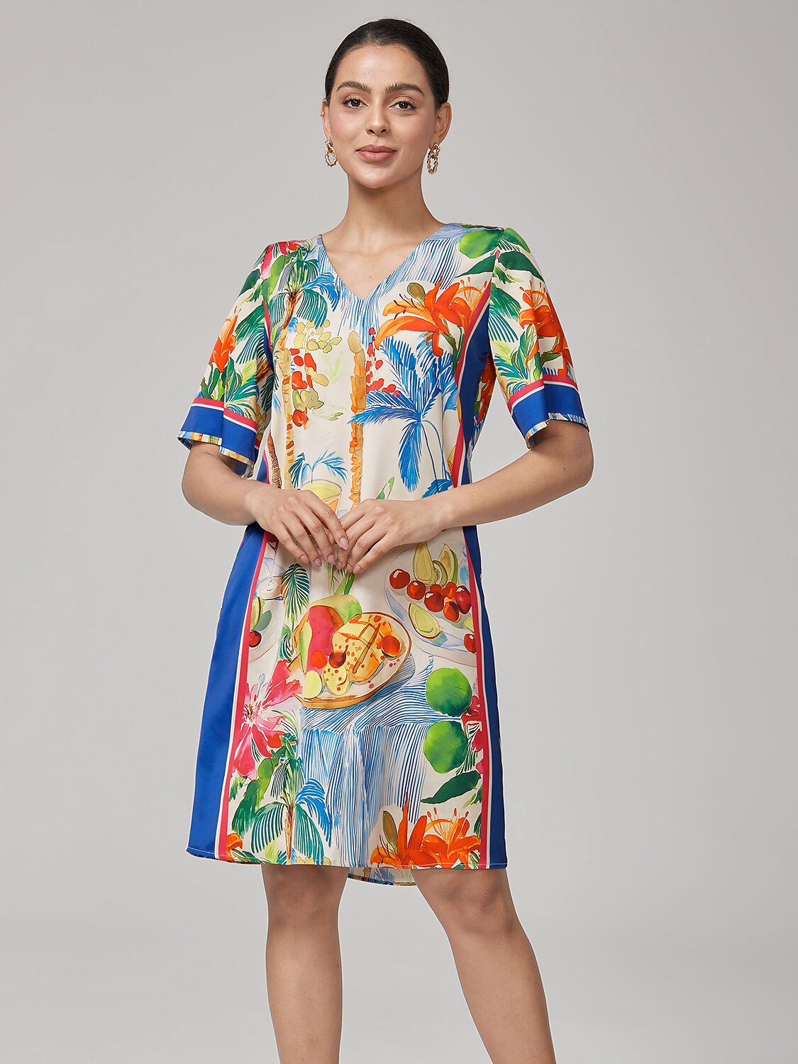 Fruit Floral Straight V-Neck Mini Dress