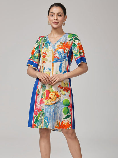 Fruit Floral Straight V-Neck Mini Dress