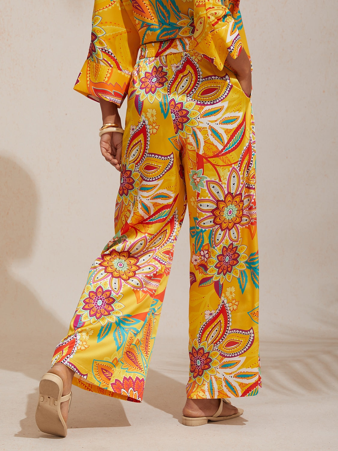 Vacation Yellow Paisley Floral Straight Satin Pants