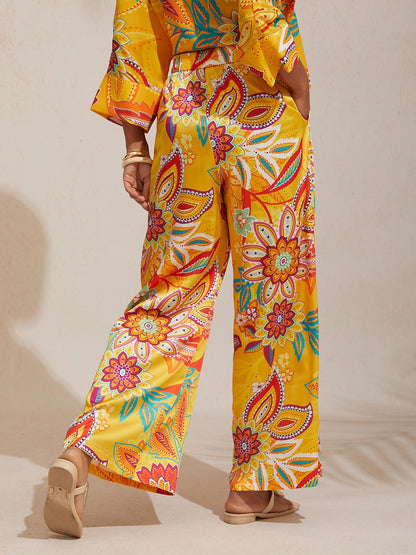 Vacation Yellow Paisley Floral Straight Satin Pants