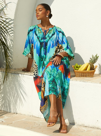 Vacation Leopard Feather Motif Straight Fit Chiffon Maxi Dress