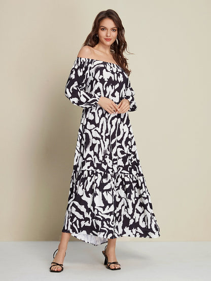 Satin Abstract Graffiti Print Off-Shoulder Maxi Dress