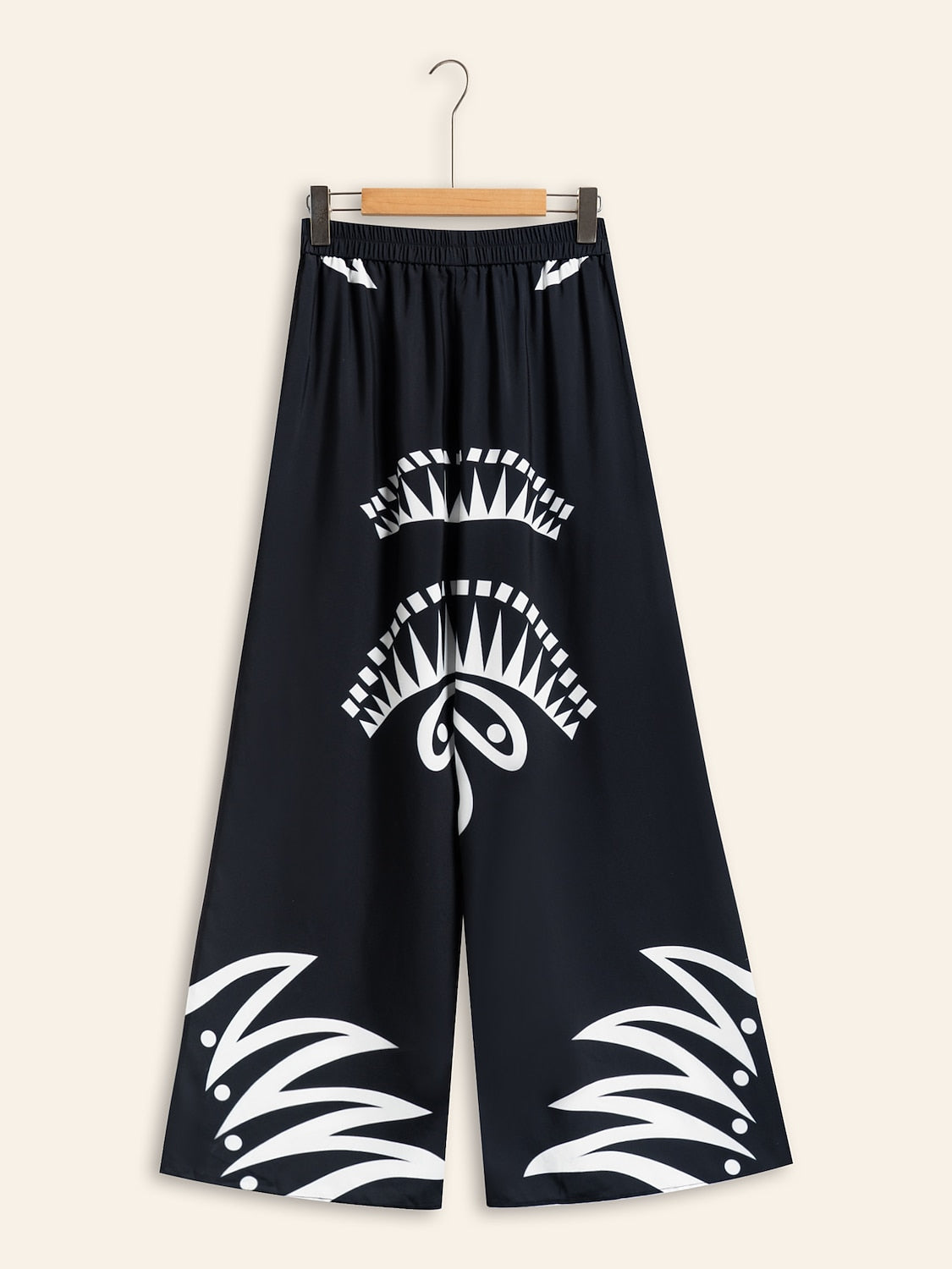 Wide Leg Pants Black Satin Full Length Printing