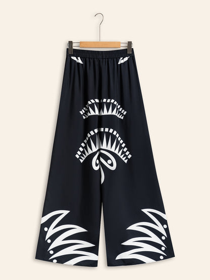 Wide Leg Pants Black Satin Full Length Printing