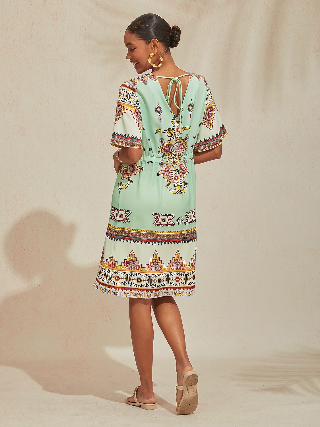 Vacation Vintage Ethnic Geometric Pattern Satin Midi Dress