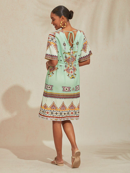 Vacation Vintage Ethnic Geometric Pattern Satin Midi Dress