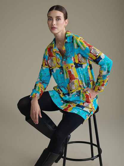 Rayon Graffiti Cuff Lapel Mini Shirt Dress