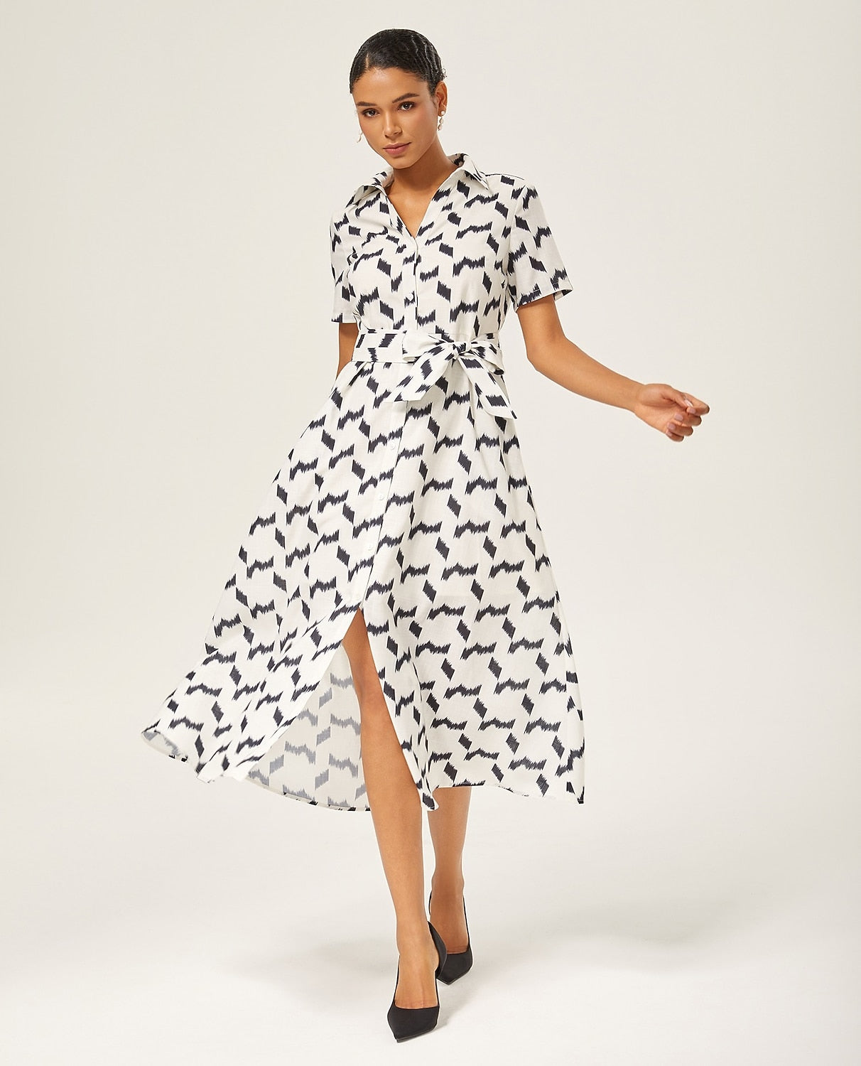 Monochrome Geometric Faux-Linen Dress