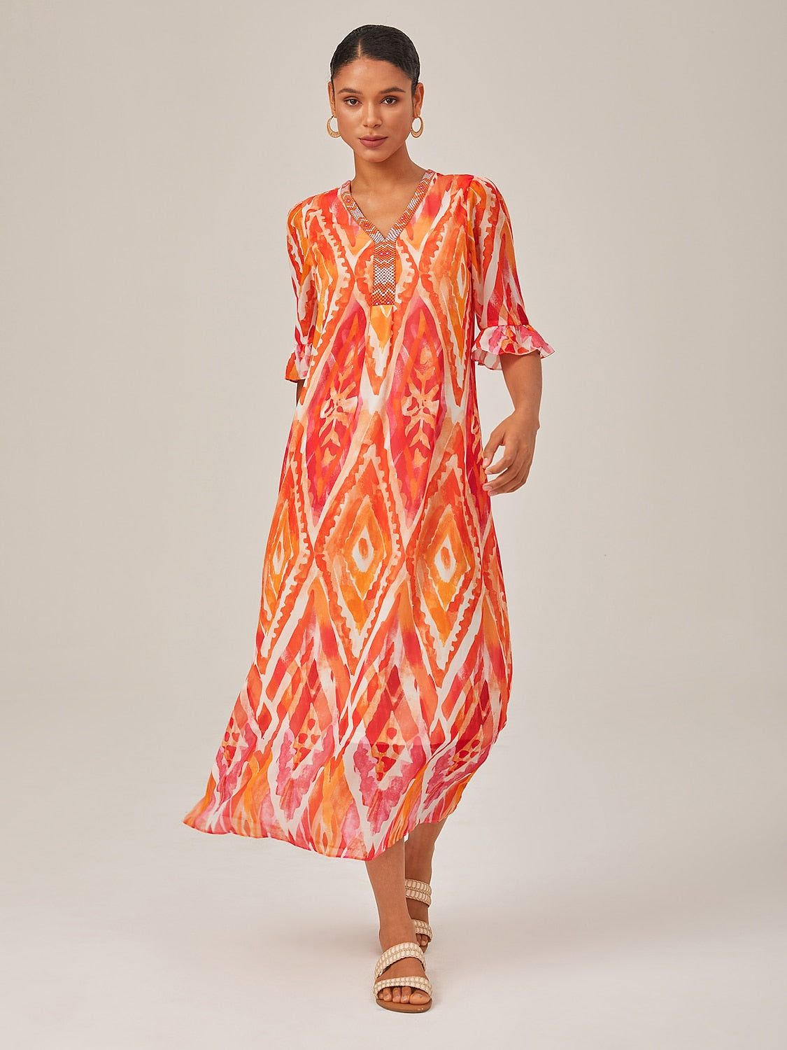 Chiffon Ethnic Print Midi Dress