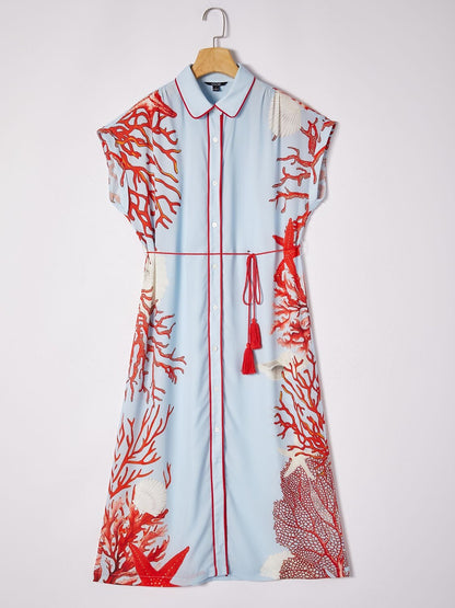 Loose Color-Block Coral Shirt Dress