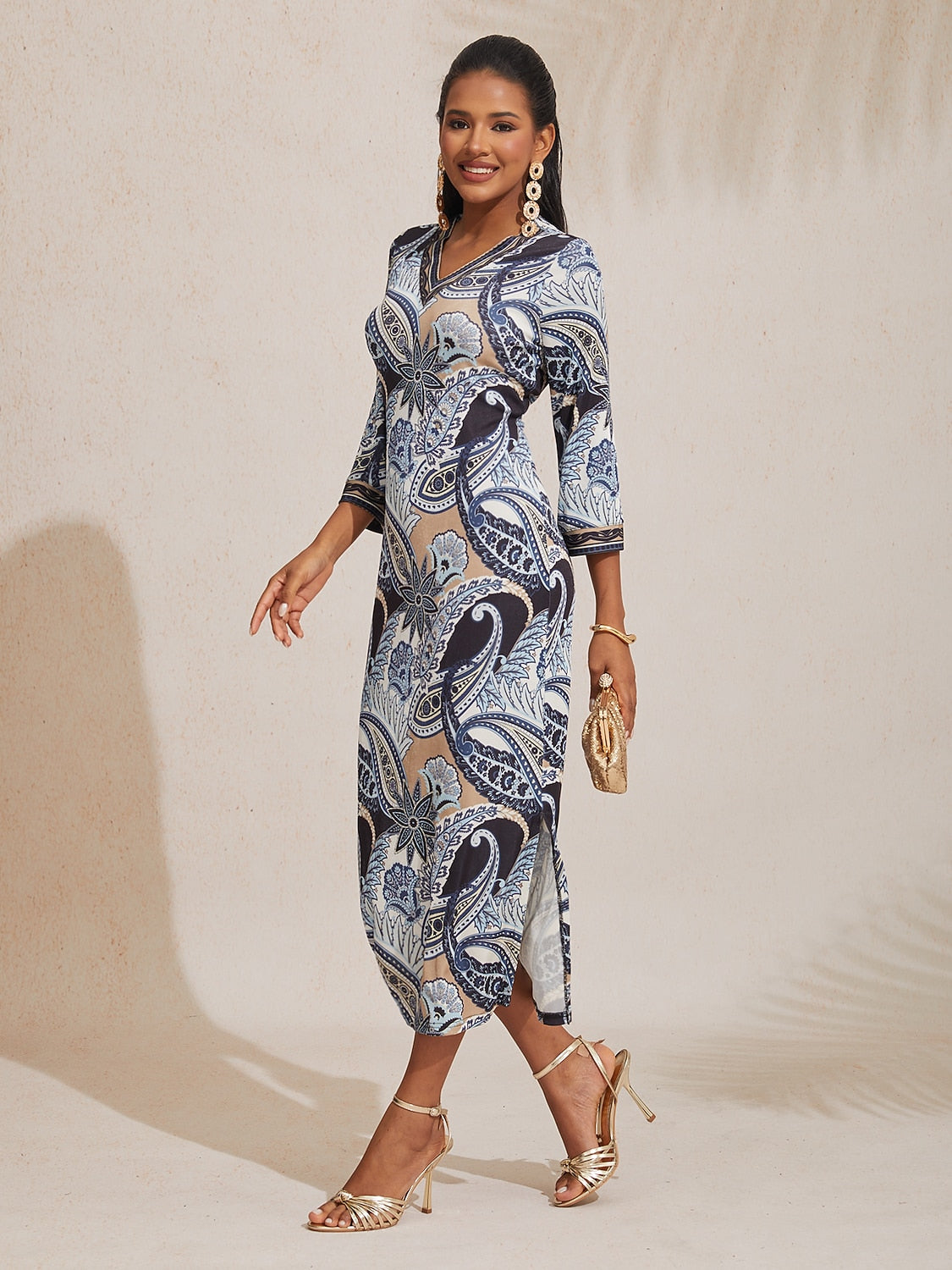 Knit Stretch Fitted Paisley Print Maxi Dress Vacation