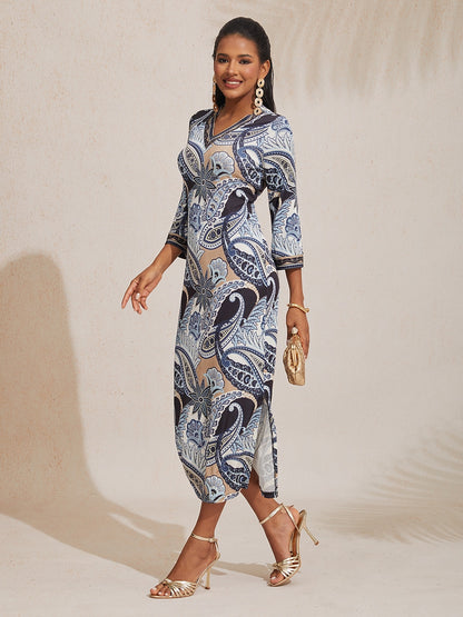 Knit Stretch Fitted Paisley Print Maxi Dress Vacation