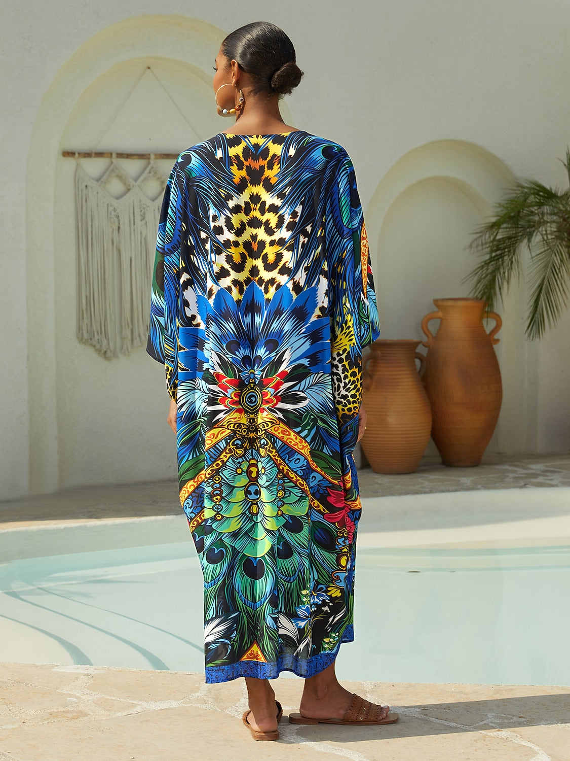 Vacation Feather Leopard Print Dolman Sleeve Chiffon Maxi Dress