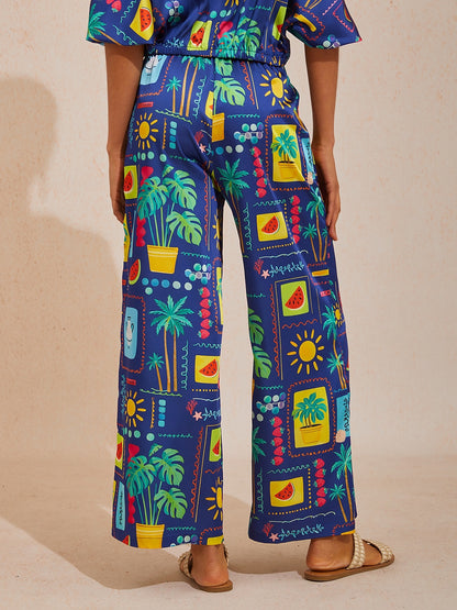 Vacation Tropical Motif Print Straight Satin Pants