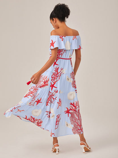 Elegant Chiffon Ocean-Inspired Print Vacation Dress