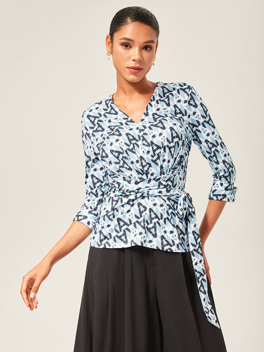 Stretch Geometric Print Waist-Tie Top