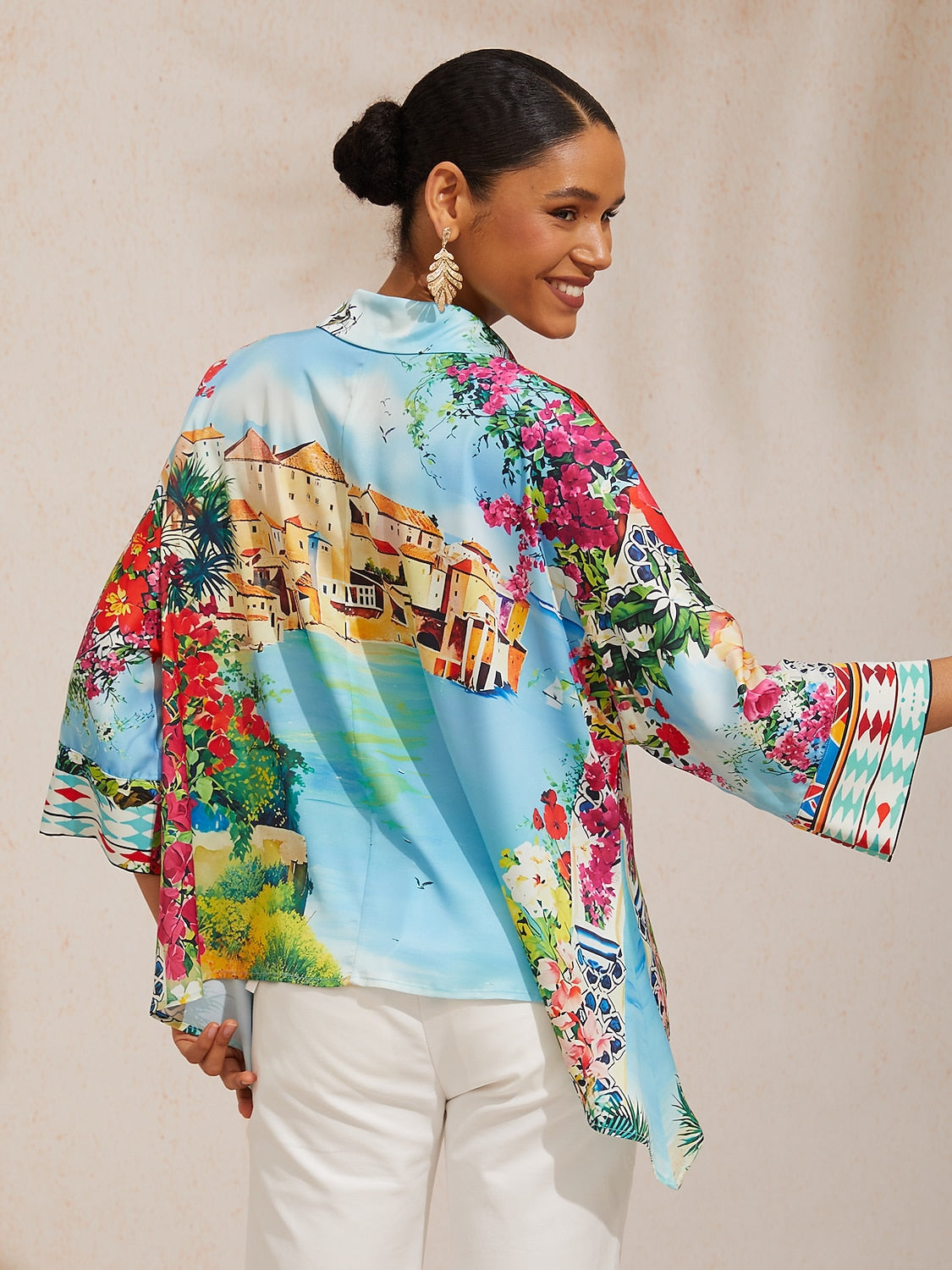 Mallorca Blossom Silky Satin Dolman Sleeve Top