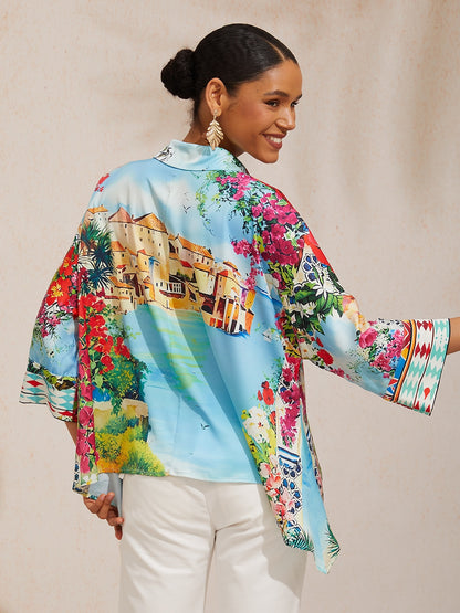 Mallorca Blossom Silky Satin Dolman Sleeve Top