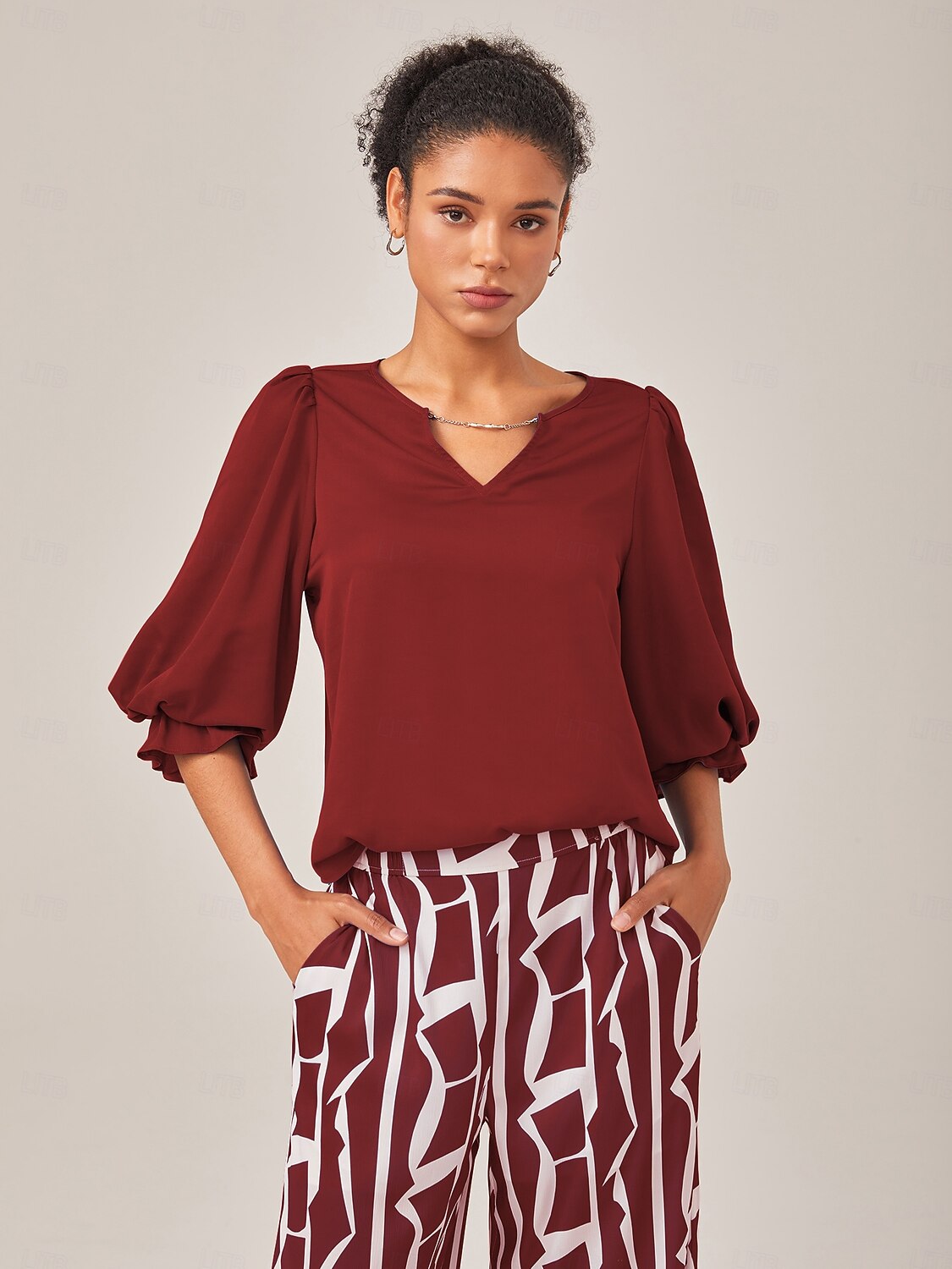 Satin Vacation-Style Solid Blue V-Neck Ruched Top