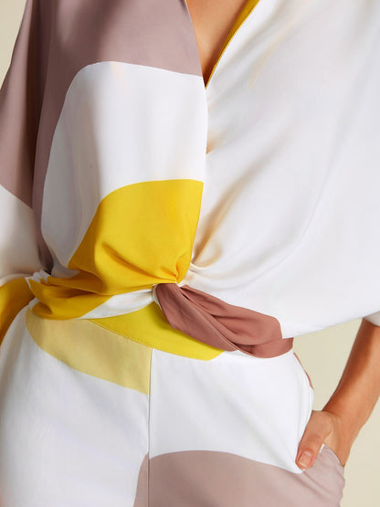 Satin Contrast Knot Front Balloon Sleeve Shirt