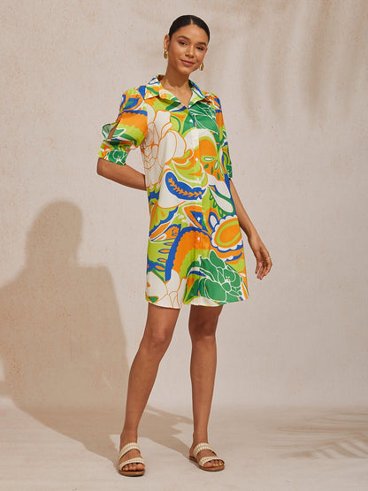 Vacation Scenic Floral Print Straight Satin Shirt Dress