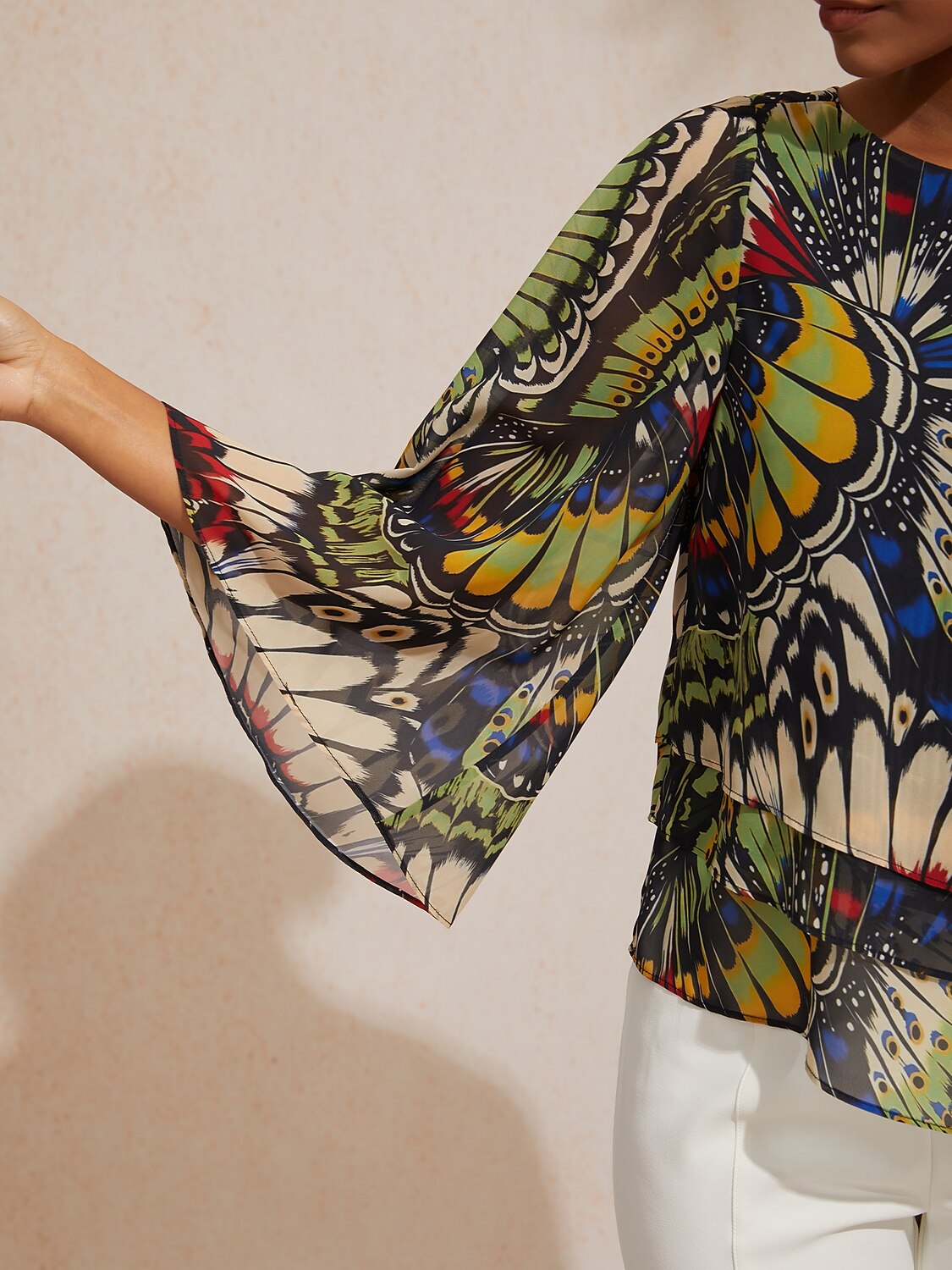 Vacation Butterfly Color Block Print Loose Chiffon Top