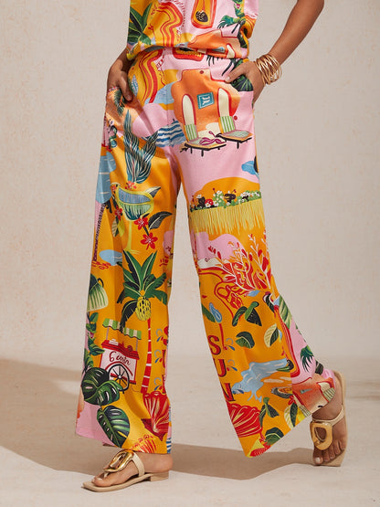 Vacation Beach Floral Print Straight Wide leg Pants