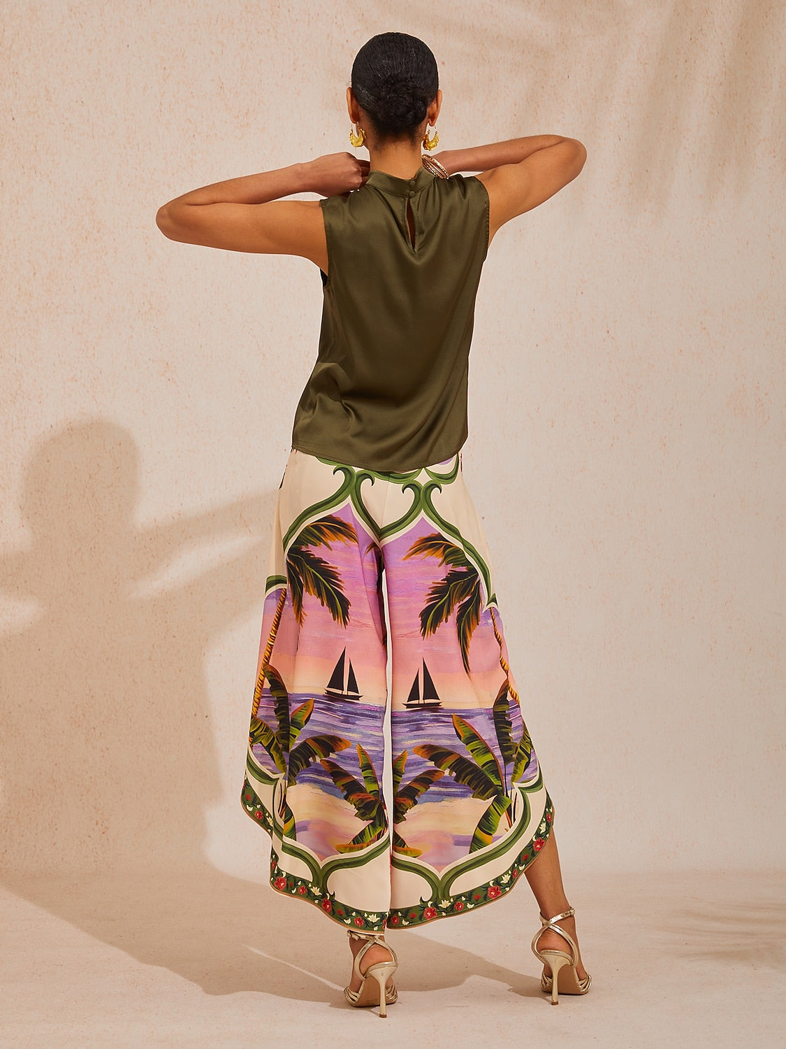 Vacation Placement Floral Crisscross Satin Wide leg Pants