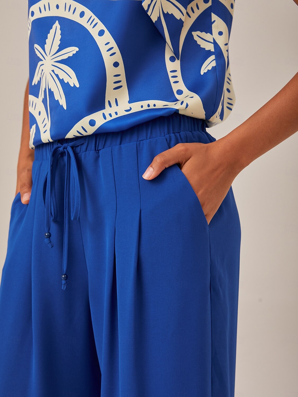 Elastic Chiffon Waist Drawstring Wide Leg Resort Pants