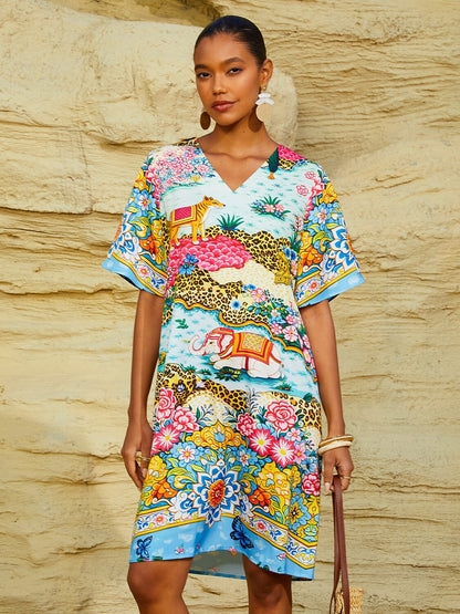 Vacation Print Satin Short Sleeves Mini Dress
