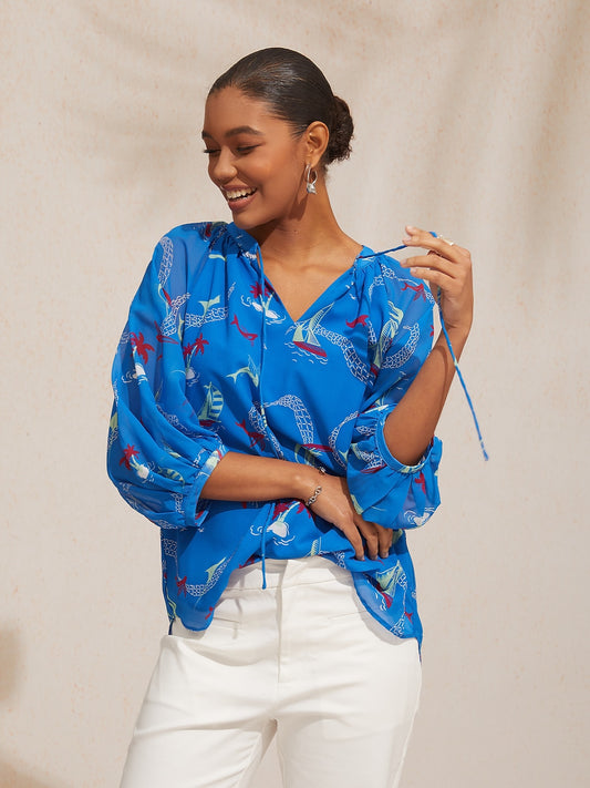 Vacation Ocean Elements Print Loose Chiffon Short Top