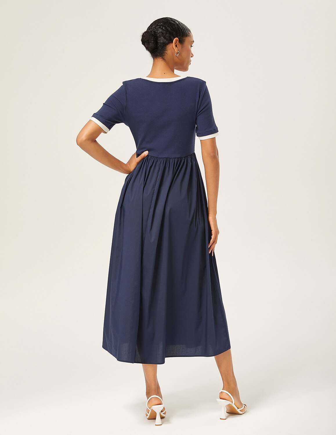 Navy Blue Cotton Knit-Woven Panel Dress