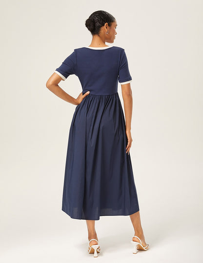 Navy Blue Cotton Knit-Woven Panel Dress