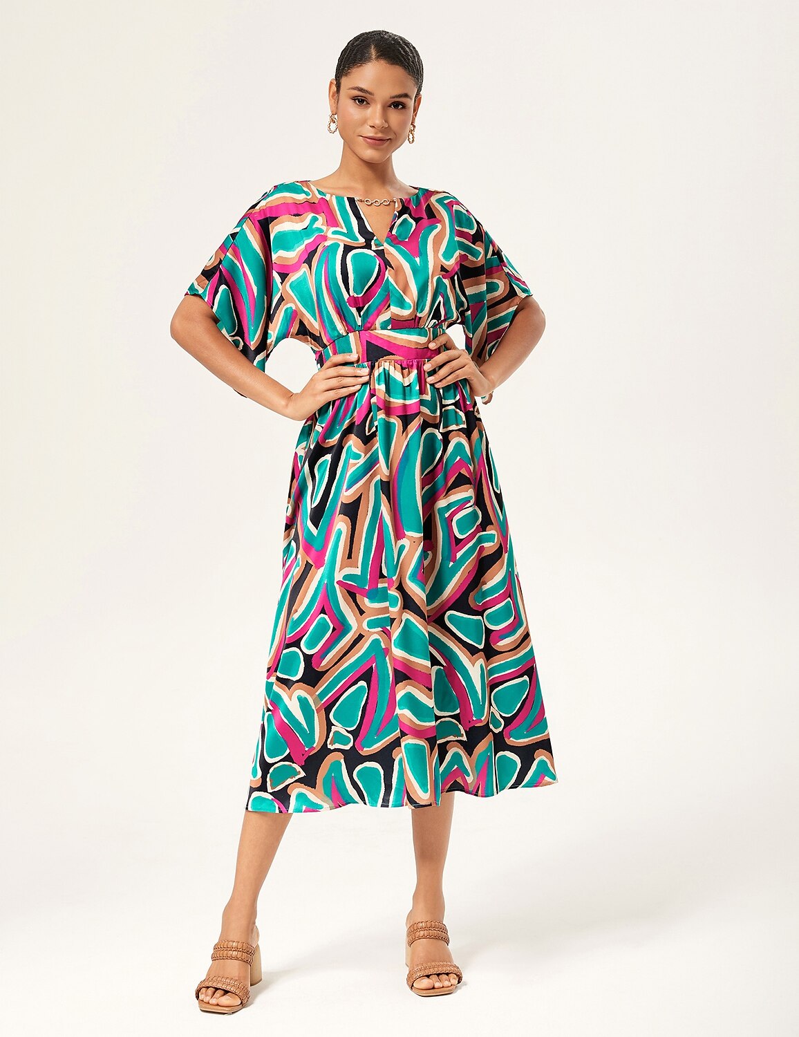 Colorful Abstract Batwing Sleeve Cinched Satin Dress