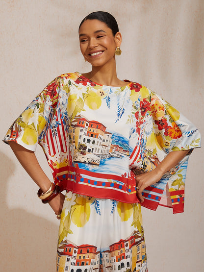 Summer Night Palm Silky Satin Dolman Sleeve Top