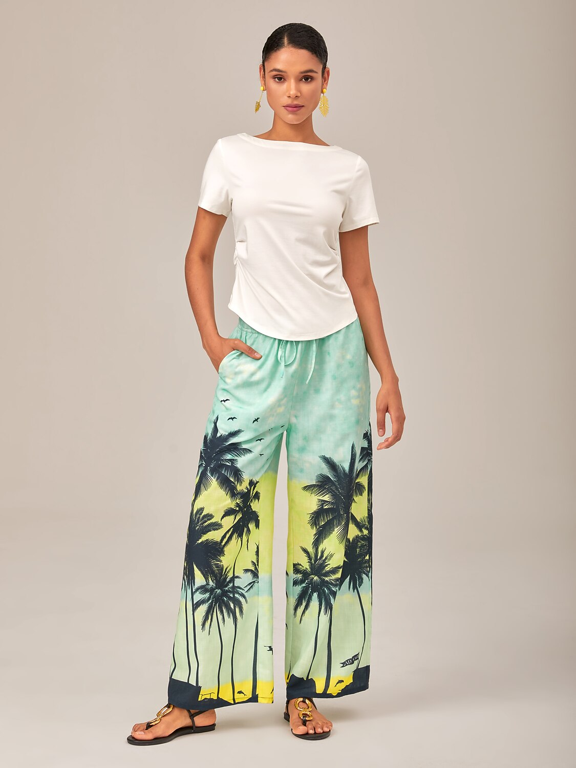 Beach Palm Tree Silhouette Wide-Leg Pants