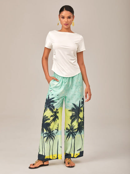 Beach Palm Tree Silhouette Wide-Leg Pants